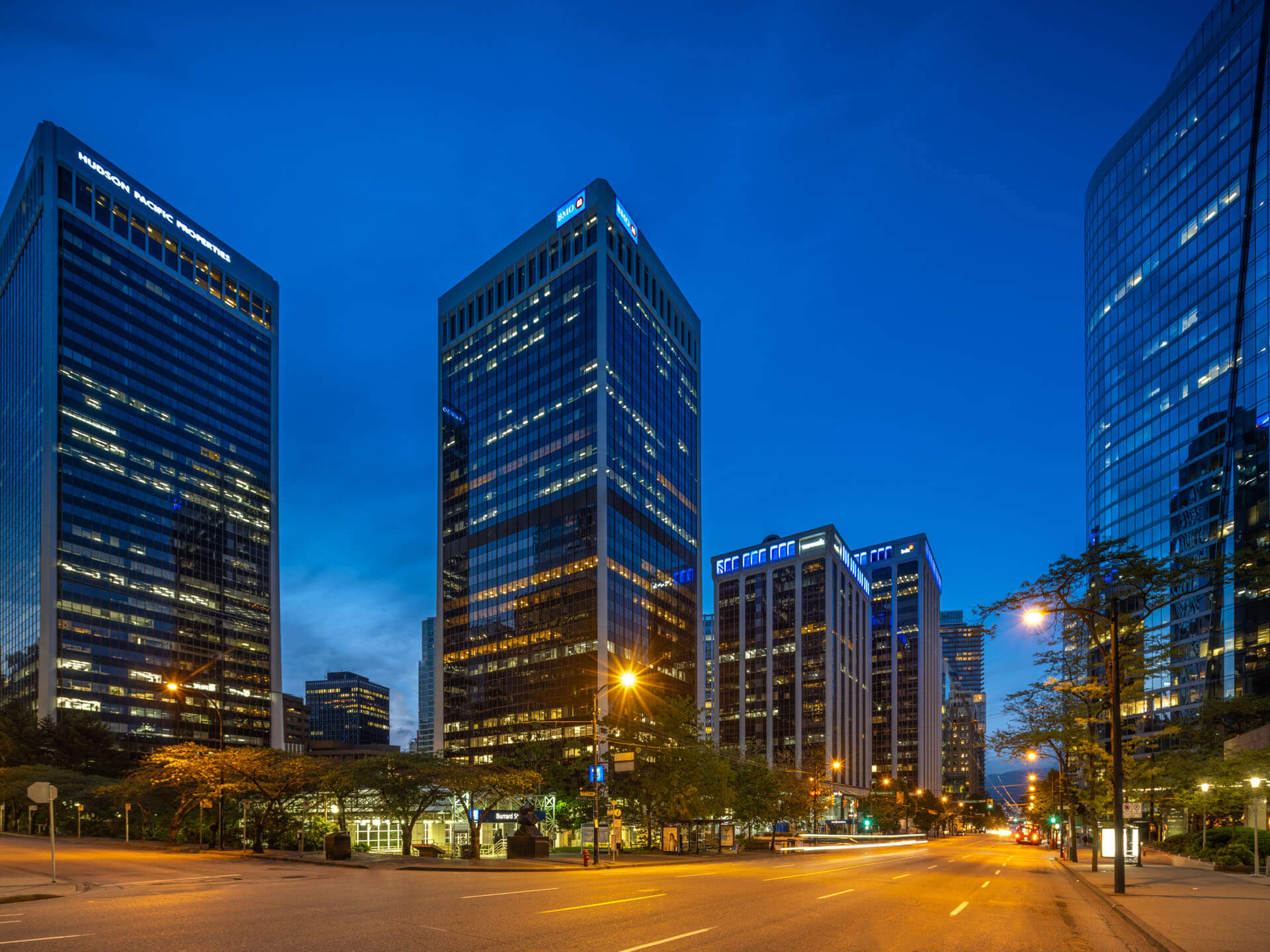 Bentall Center Outside View Of Buildings During The Nighttime With Streetlights On